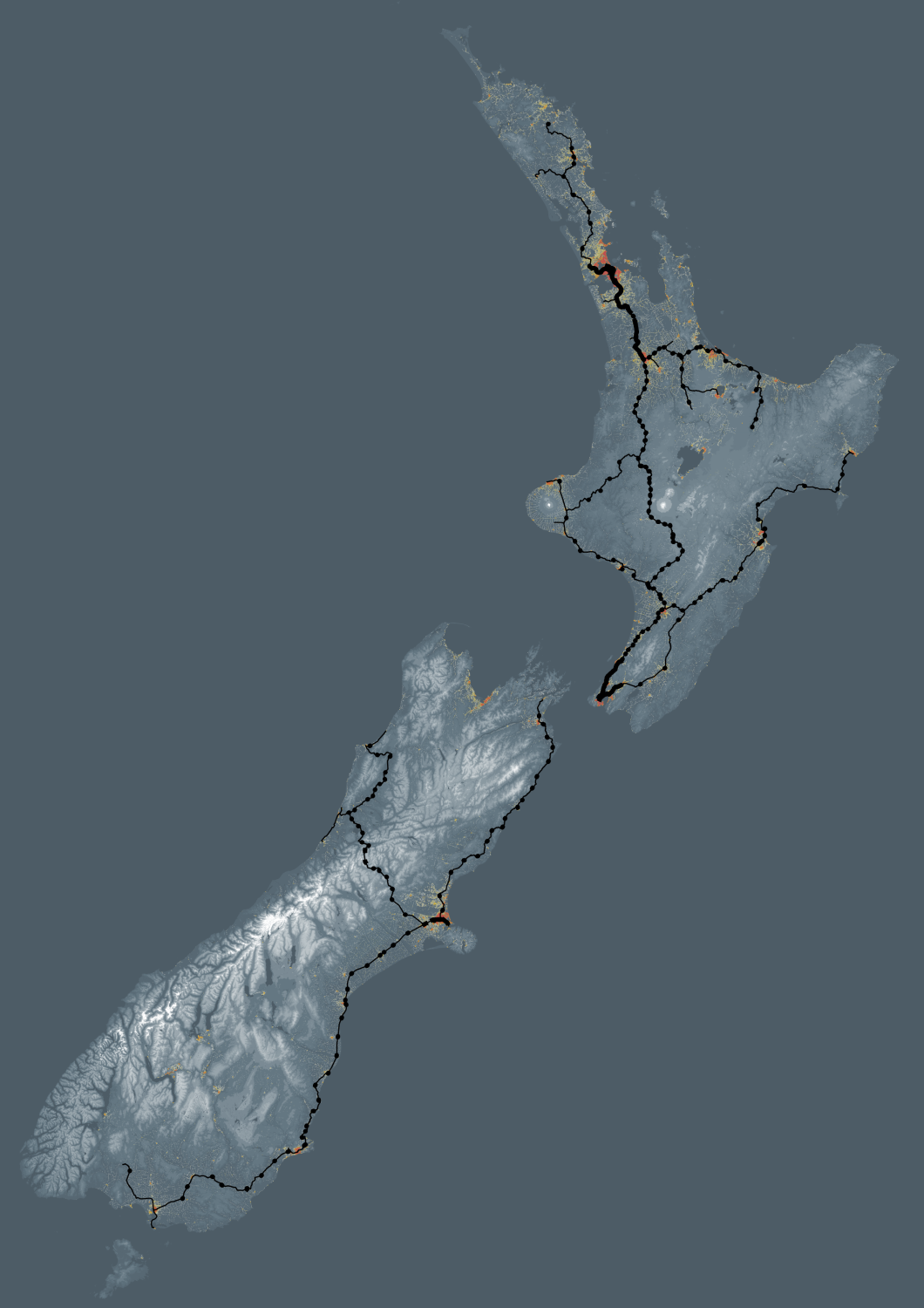 The current national rail network laid over population density. 