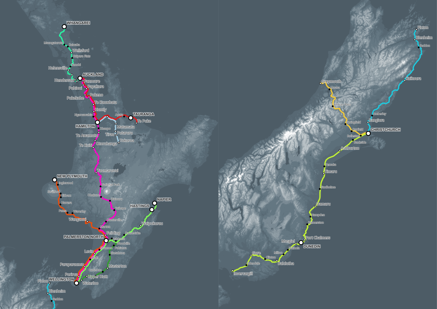 A national intercity rail network of ten will lines serve 80% New Zealand residents. 