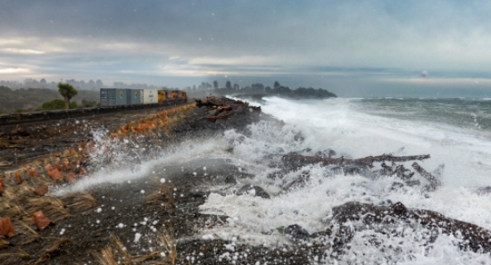 Thumbnail image for article titled 'High seas threaten rail line near Timaru'